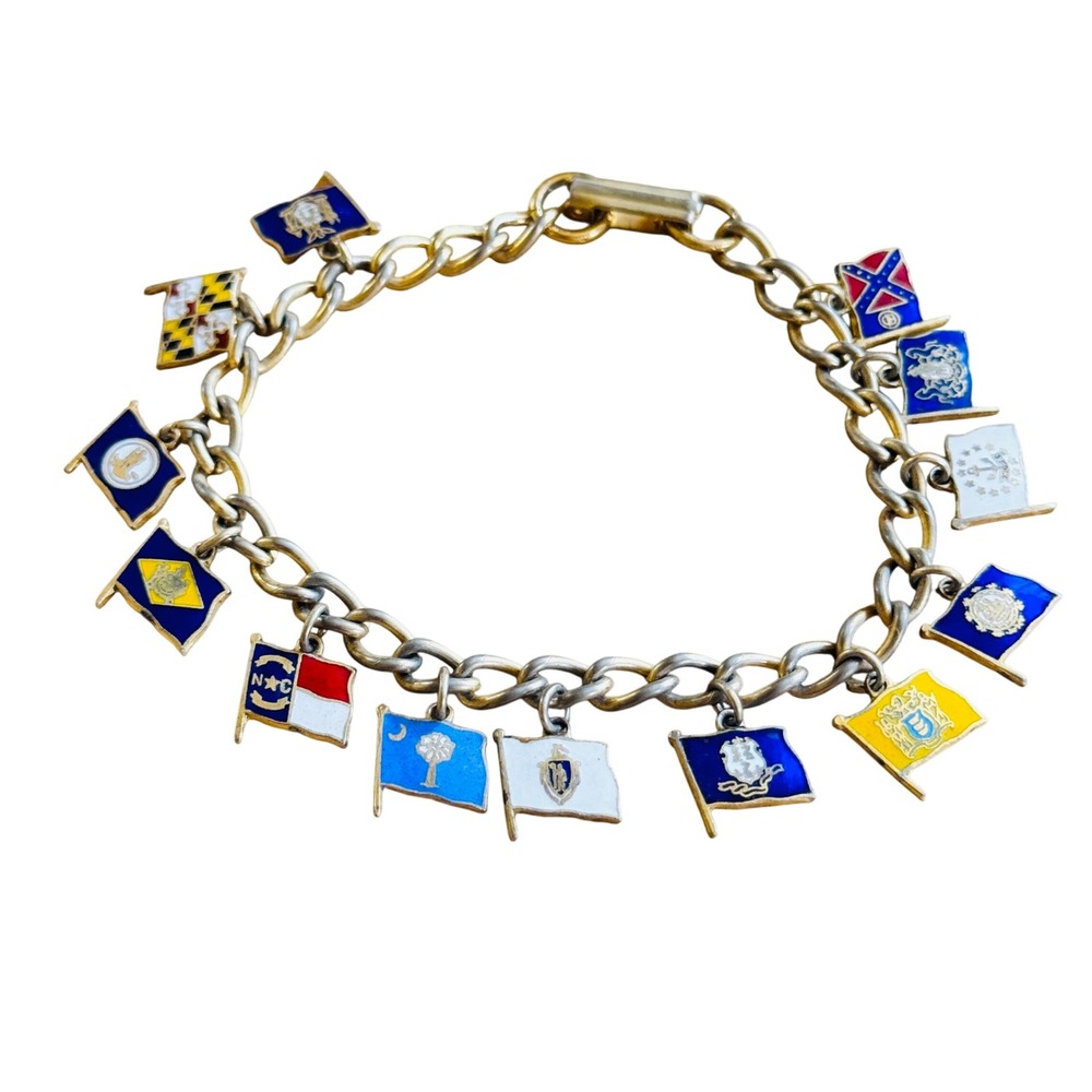 American 13 Colonies Flag Charm Bracelet VTG Retro Gold Souvenir 50s Enamel 7"